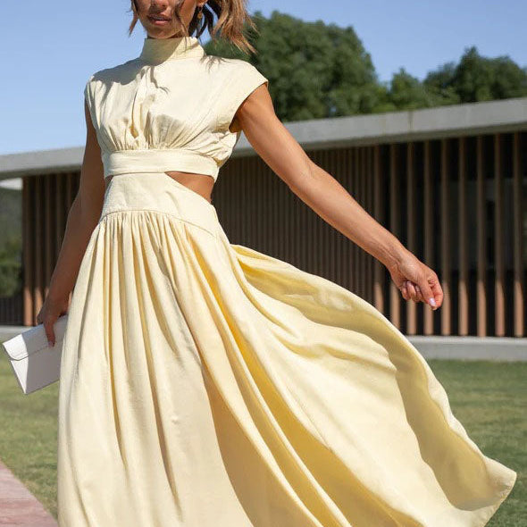 Belden Kesikli Cepli Midi Tatil Elbisesi