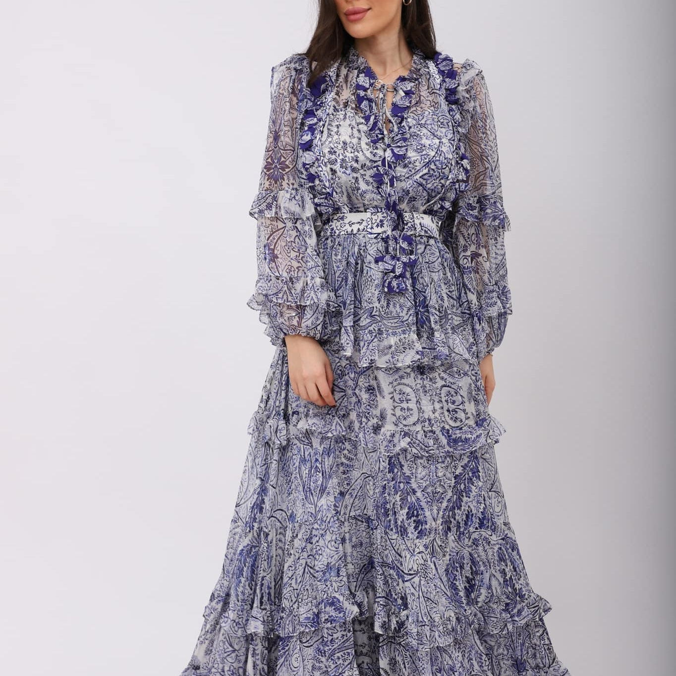 Helen Volanlı Uzun Kollu Maxi Elbise