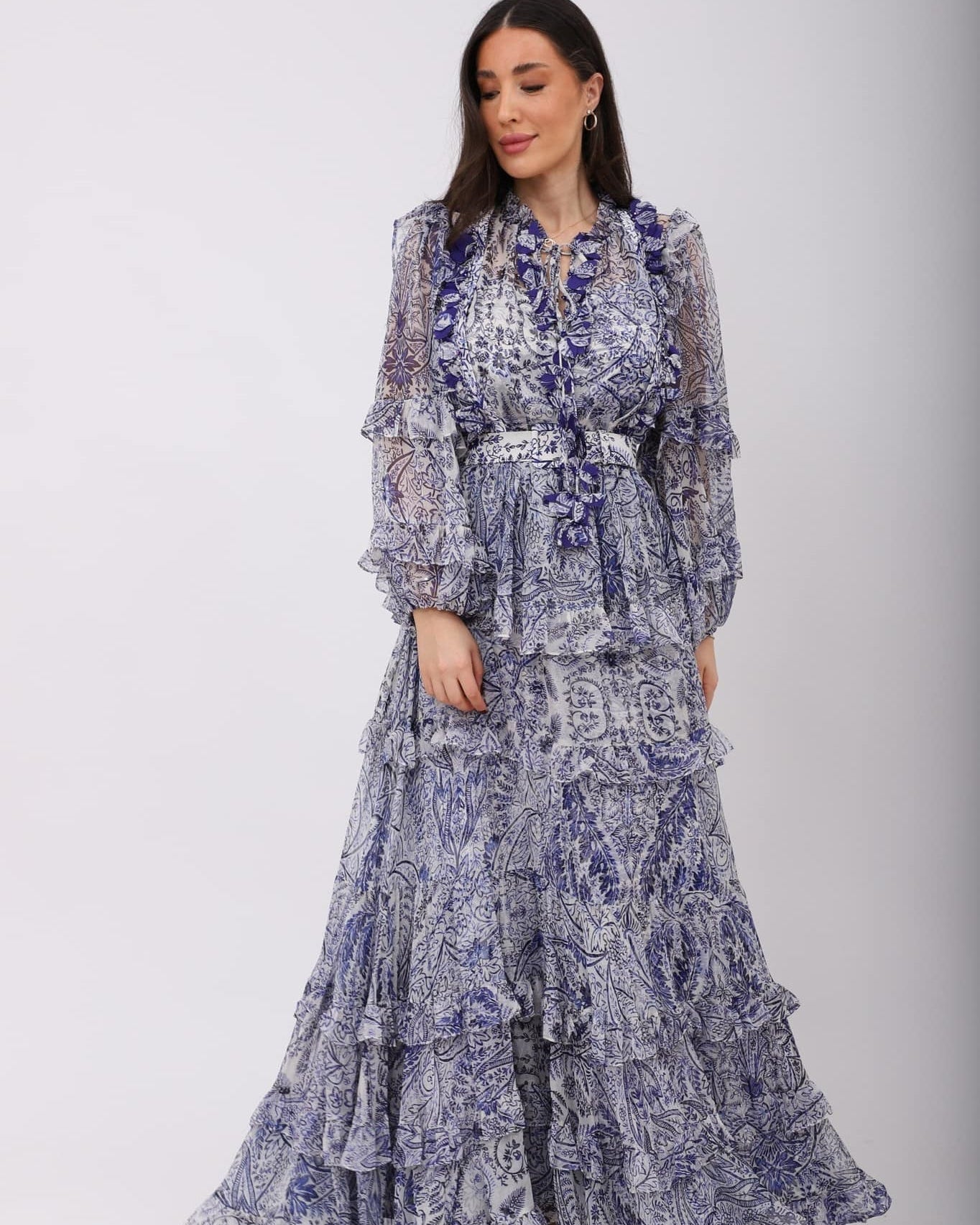 Helen Volanlı Uzun Kollu Maxi Elbise