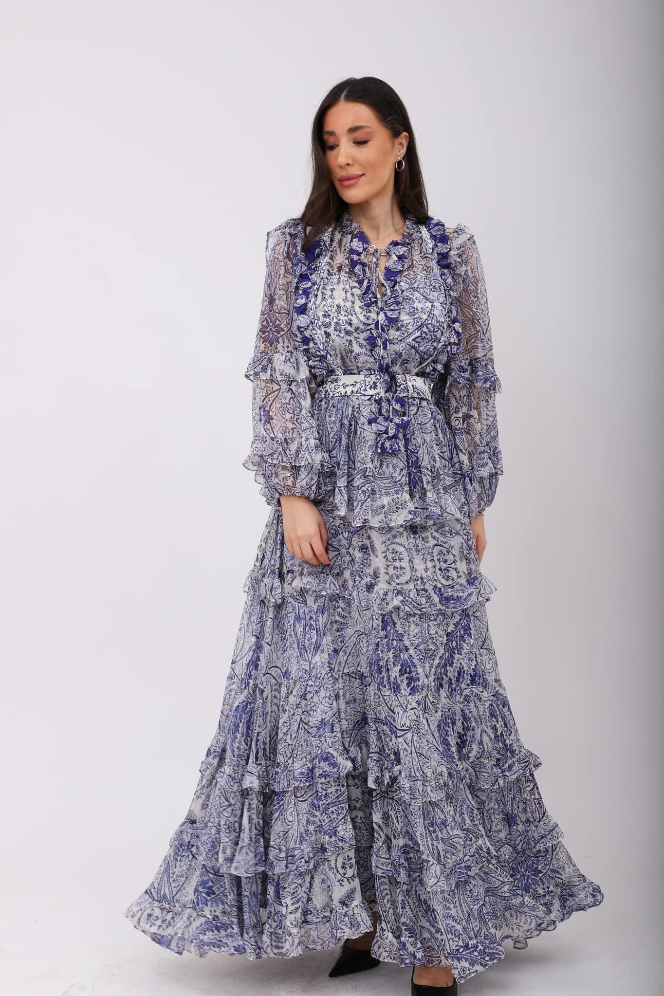 Helen Volanlı Uzun Kollu Maxi Elbise