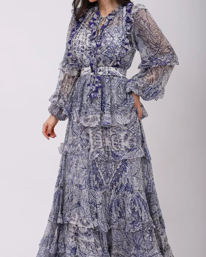 Helen Volanlı Uzun Kollu Maxi Elbise