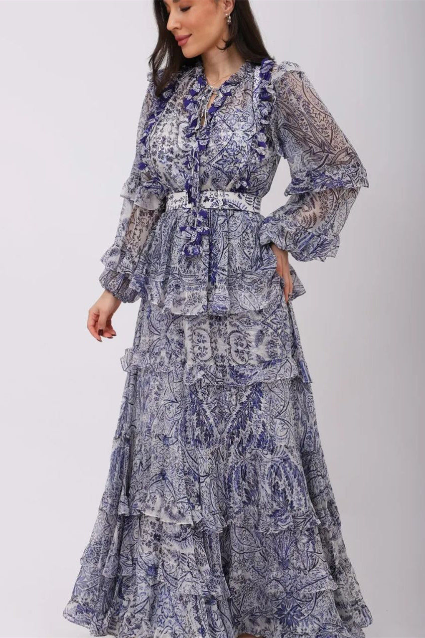 Helen Volanlı Uzun Kollu Maxi Elbise