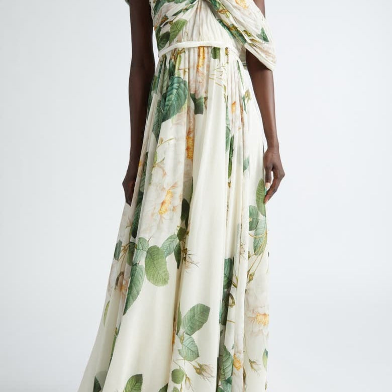 Yvette Çiçek Baskılı Düşük Omuzlu Uzun Elbise