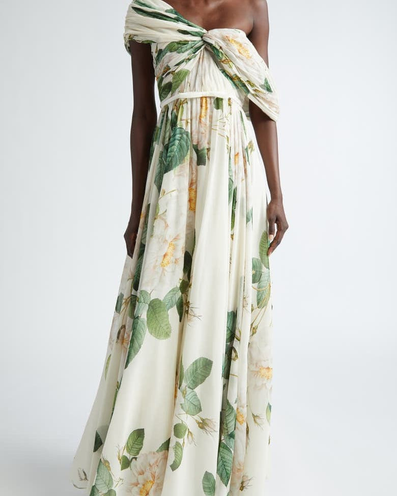 Yvette Çiçek Baskılı Düşük Omuzlu Uzun Elbise