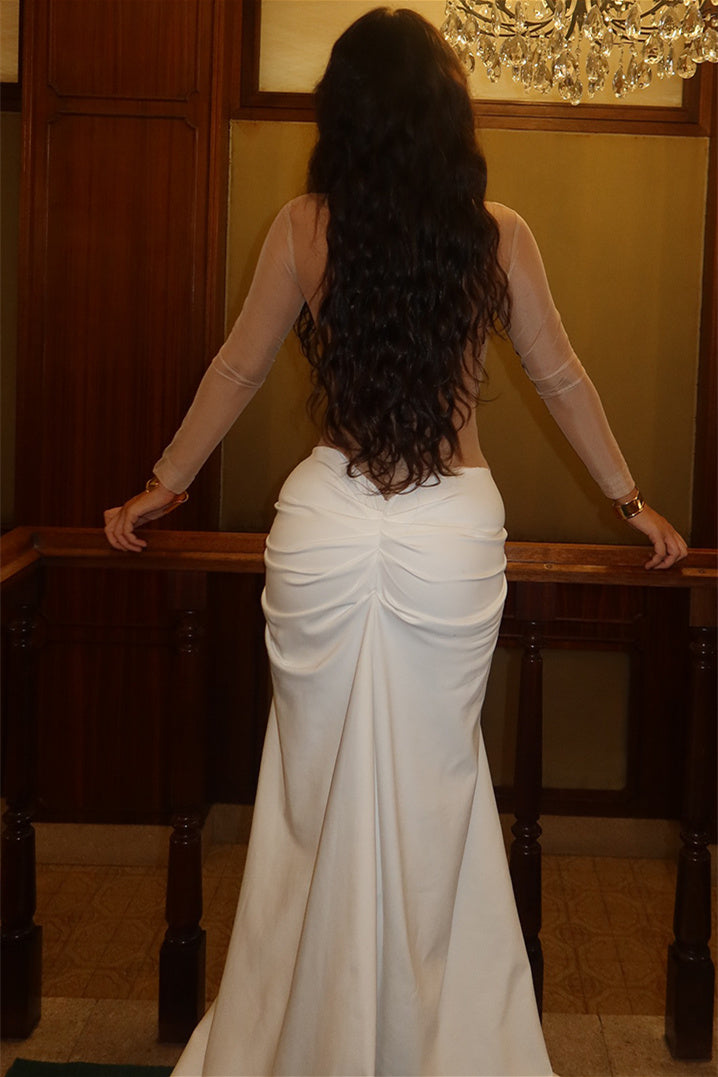 Amanda Renk Bloklu Drapeli Uzun Elbise