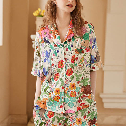 Beyaz Orman Bahçe Desenli Kısa Rahat Giyim Seti