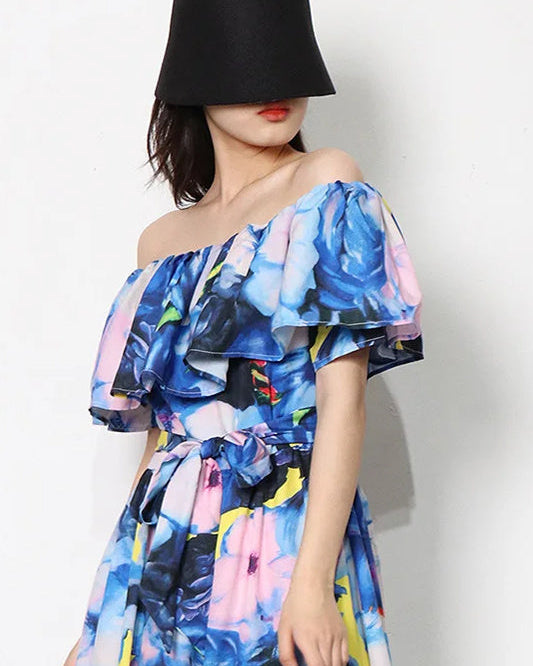 Vivien Çiçek Baskılı Düşük Omuzlu Uzun Elbise