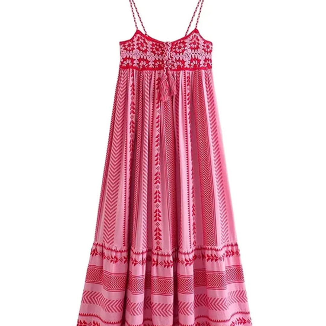 Naomi Baskılı İşlemeli Bağcıklı Askılı Midi Elbise