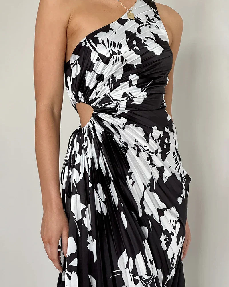 Laken Uzun Elbise - Siyah/Beyaz Çiçek Desenli