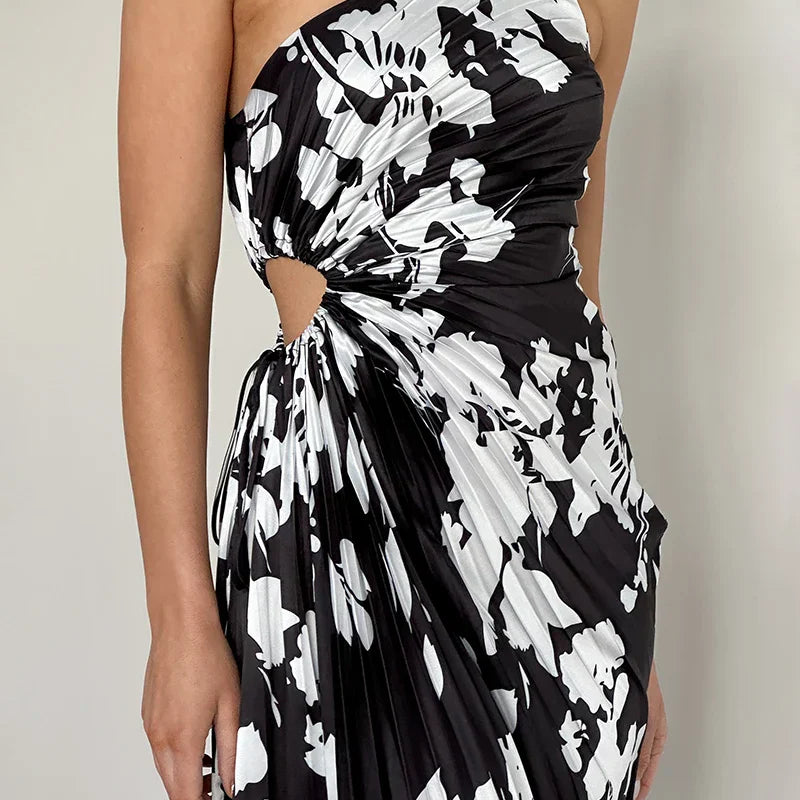 Laken Uzun Elbise - Siyah/Beyaz Çiçek Desenli