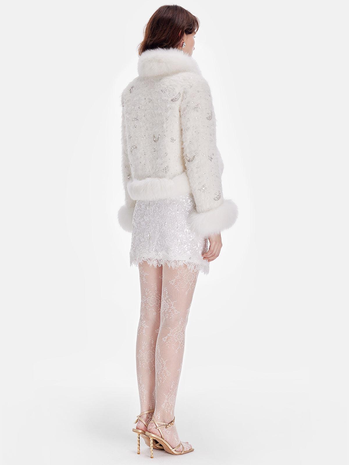 Kristal İşlemeli Beyaz Kürk Ceket