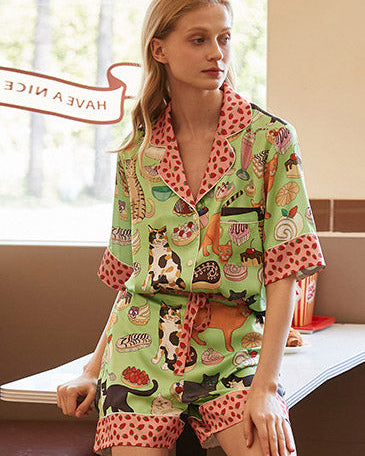 Kahve Kedi Şort Pijama Takımı