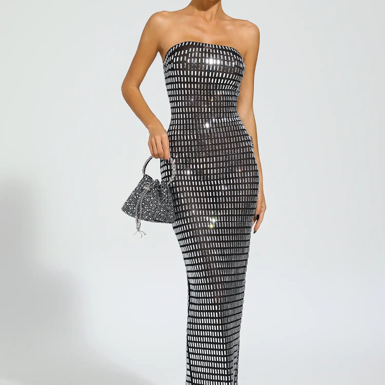 Boris Siyah Pırlanta Düşük Omuz Maxi Elbise