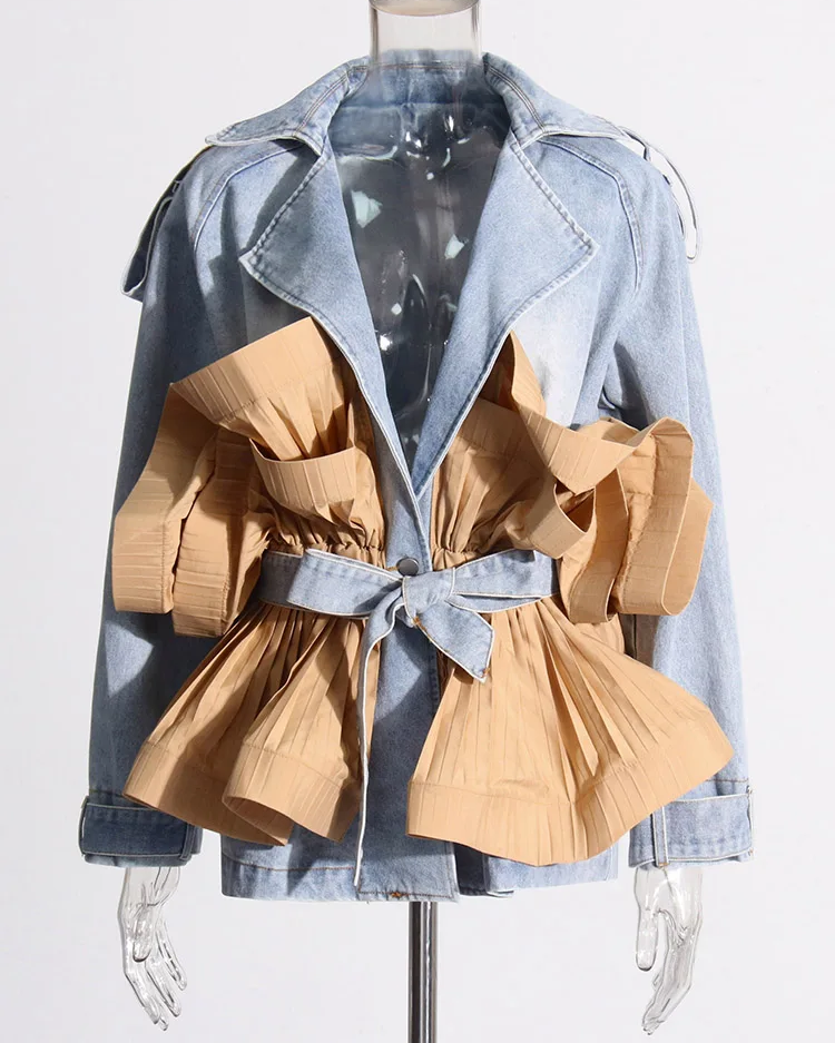 Pileli Volanlı Denim Uzun Kollu bağcıklı Ceket