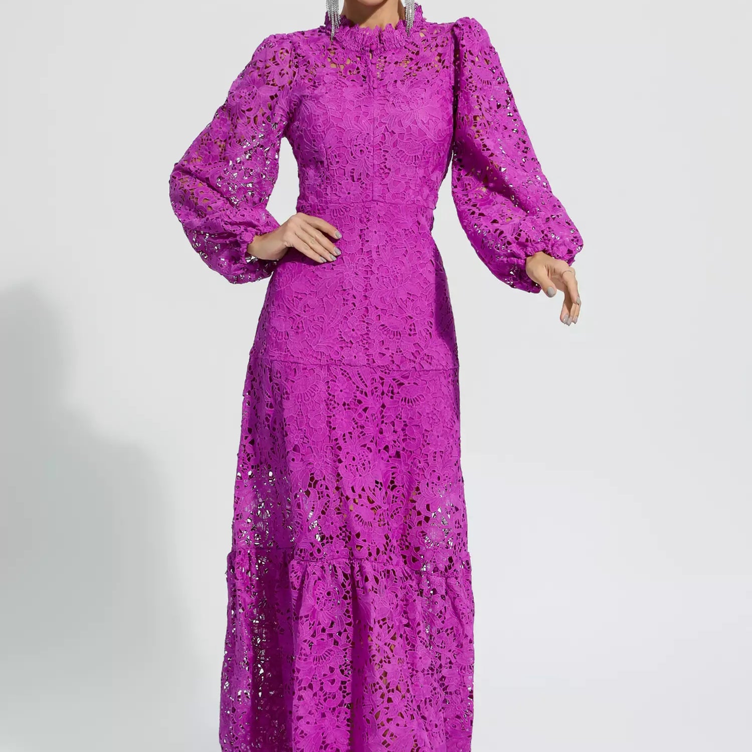 Julieta Mor Kesik Uzun Kollu Uzun Elbise