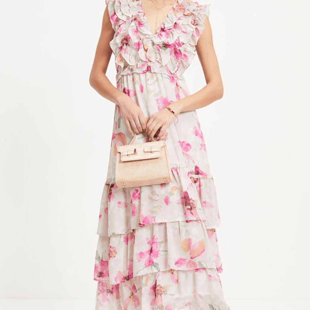 Doreen Baskılı Fırfırlı V Yaka Katlı Maxi Elbise