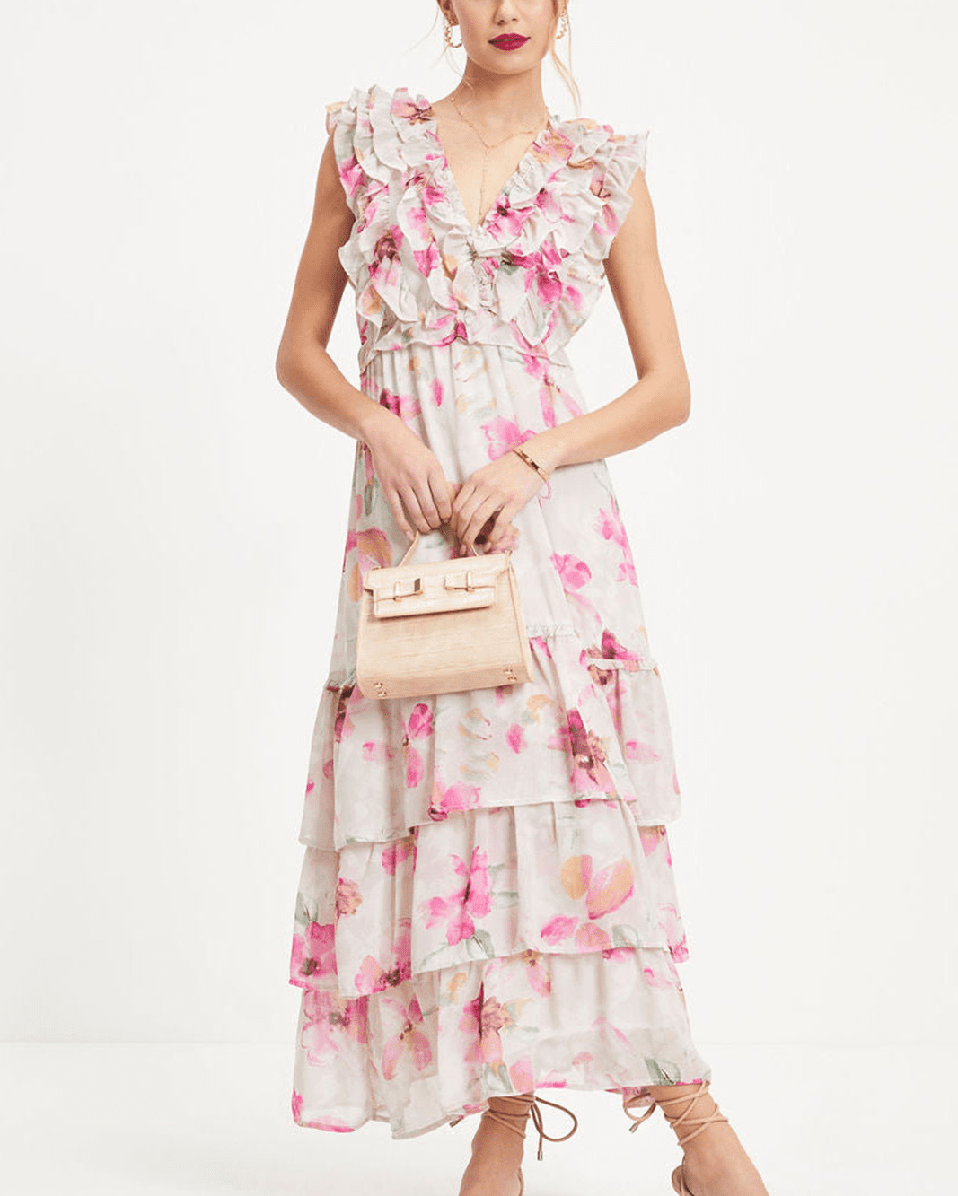 Doreen Baskılı Fırfırlı V Yaka Katlı Maxi Elbise