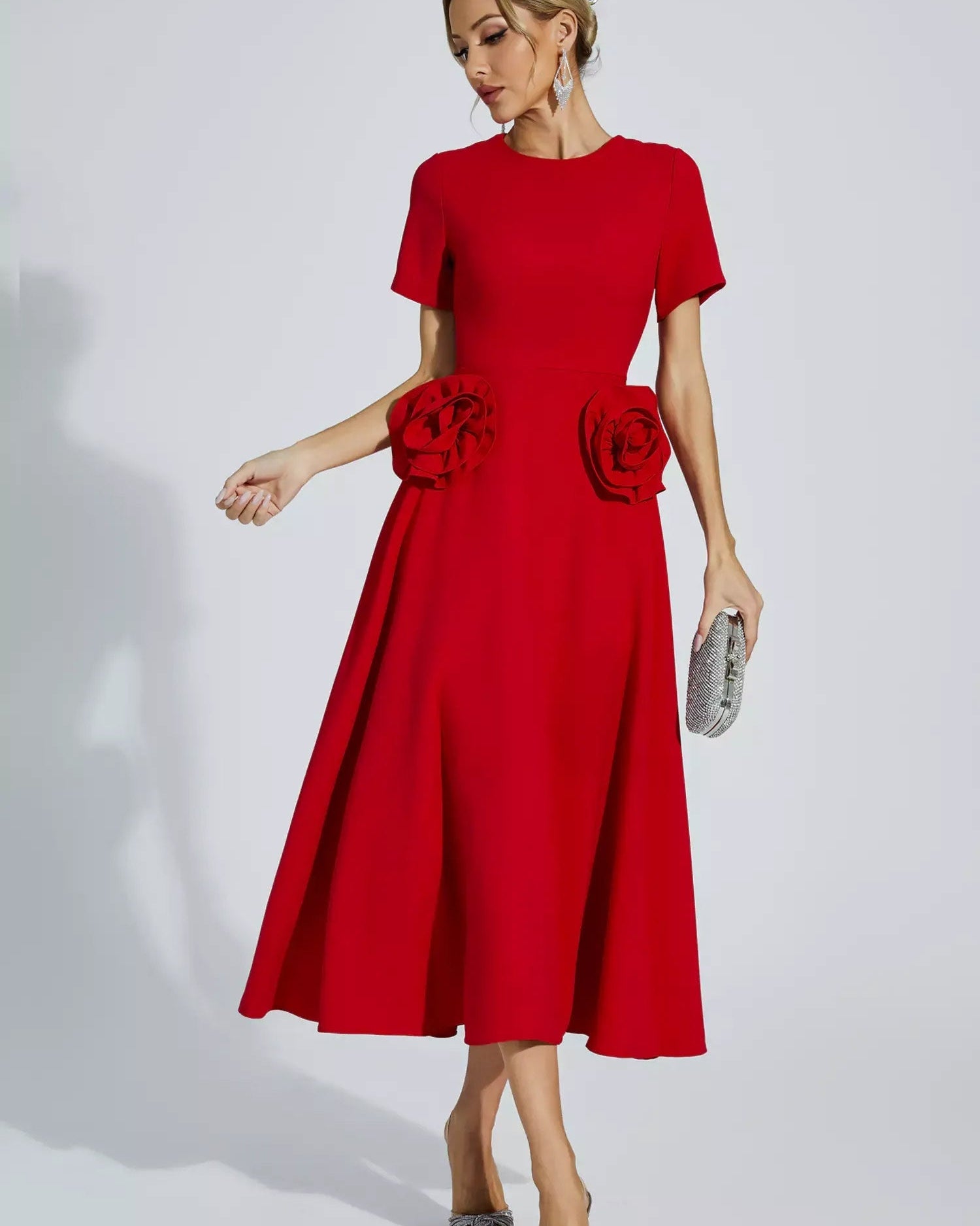 Grace Floral Aplike Kısa Kollu Midi Elbise