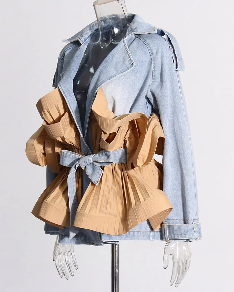 Pileli Volanlı Denim Uzun Kollu bağcıklı Ceket