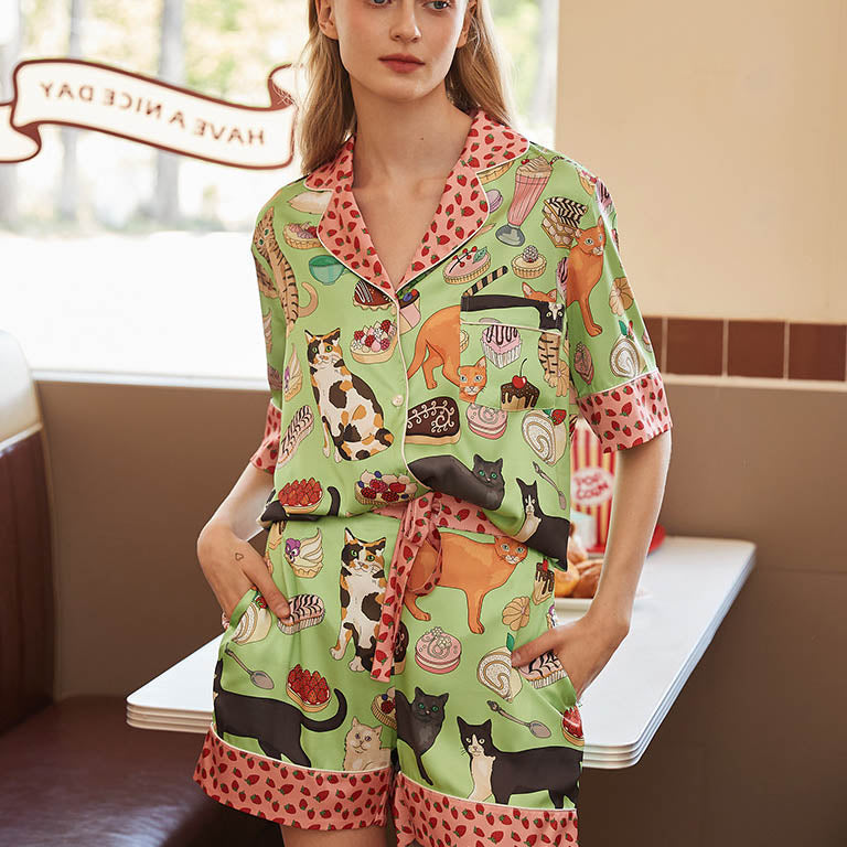 Kahve Kedi Şort Pijama Takımı