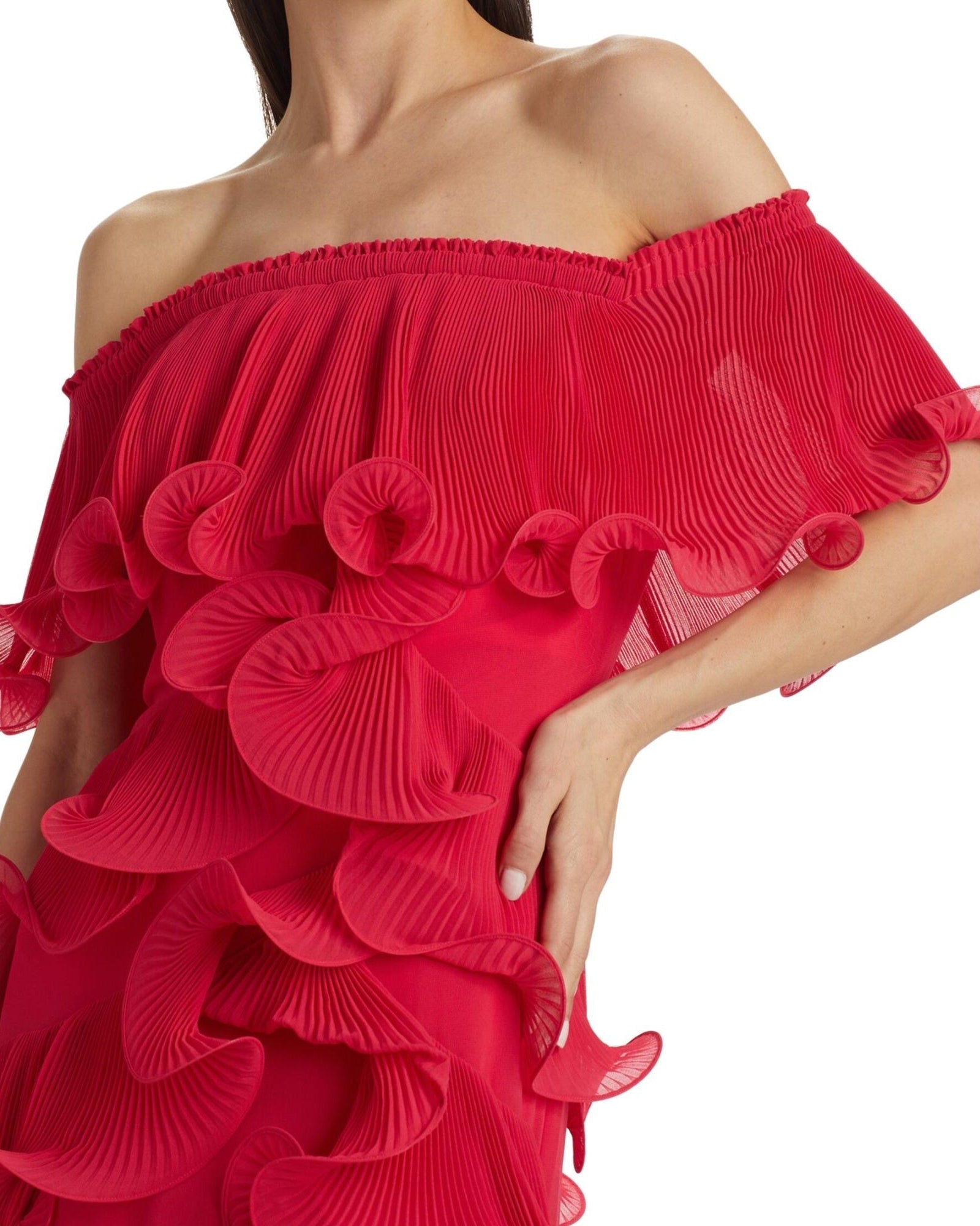 Caroline Omuzu Açık Fırfırlı Maxi Elbise