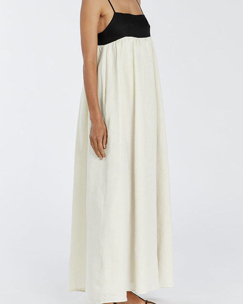 Bol Askılı Siyah Beyaz Patchwork Maxi Elbise