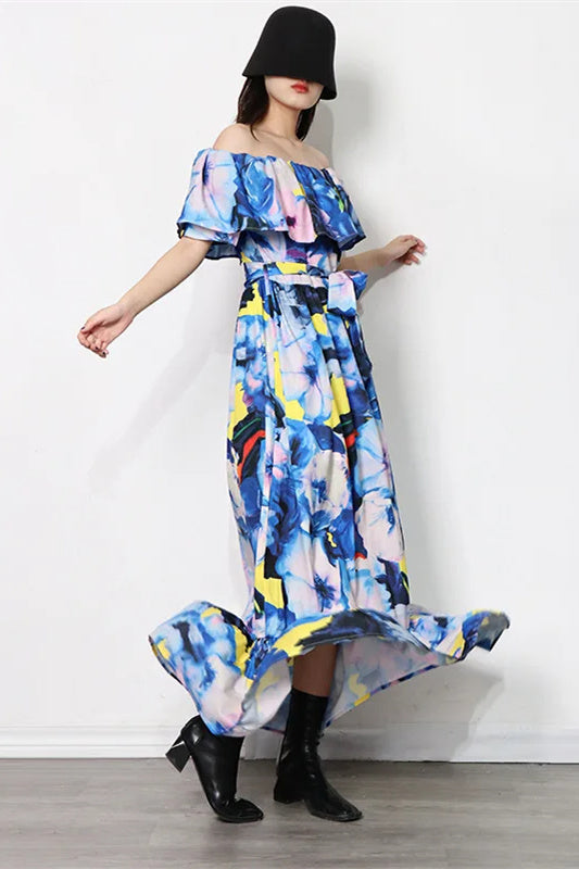 Vivien Çiçek Baskılı Düşük Omuzlu Uzun Elbise