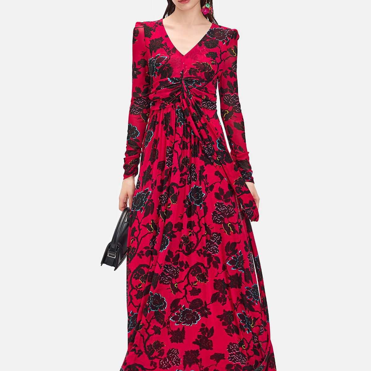 Kırmızı Uzun Kollu Çiçekli Maxi Elbise