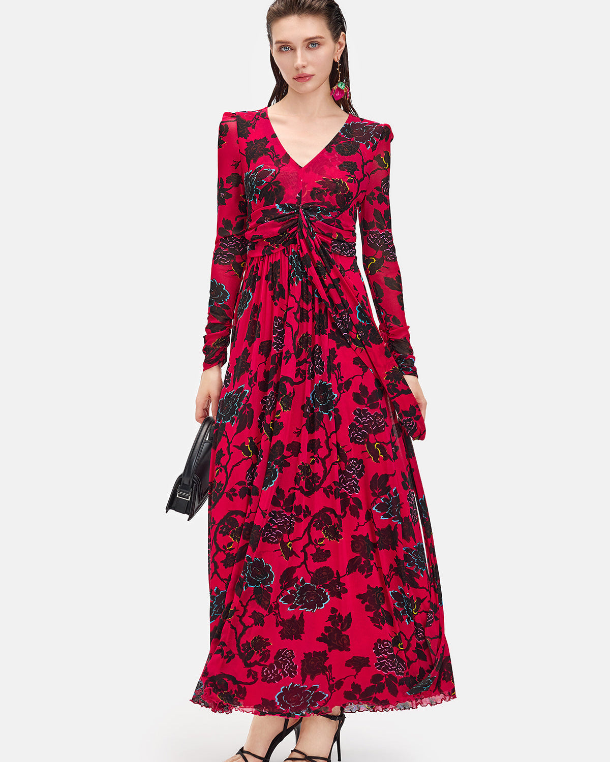 Kırmızı Uzun Kollu Çiçekli Maxi Elbise