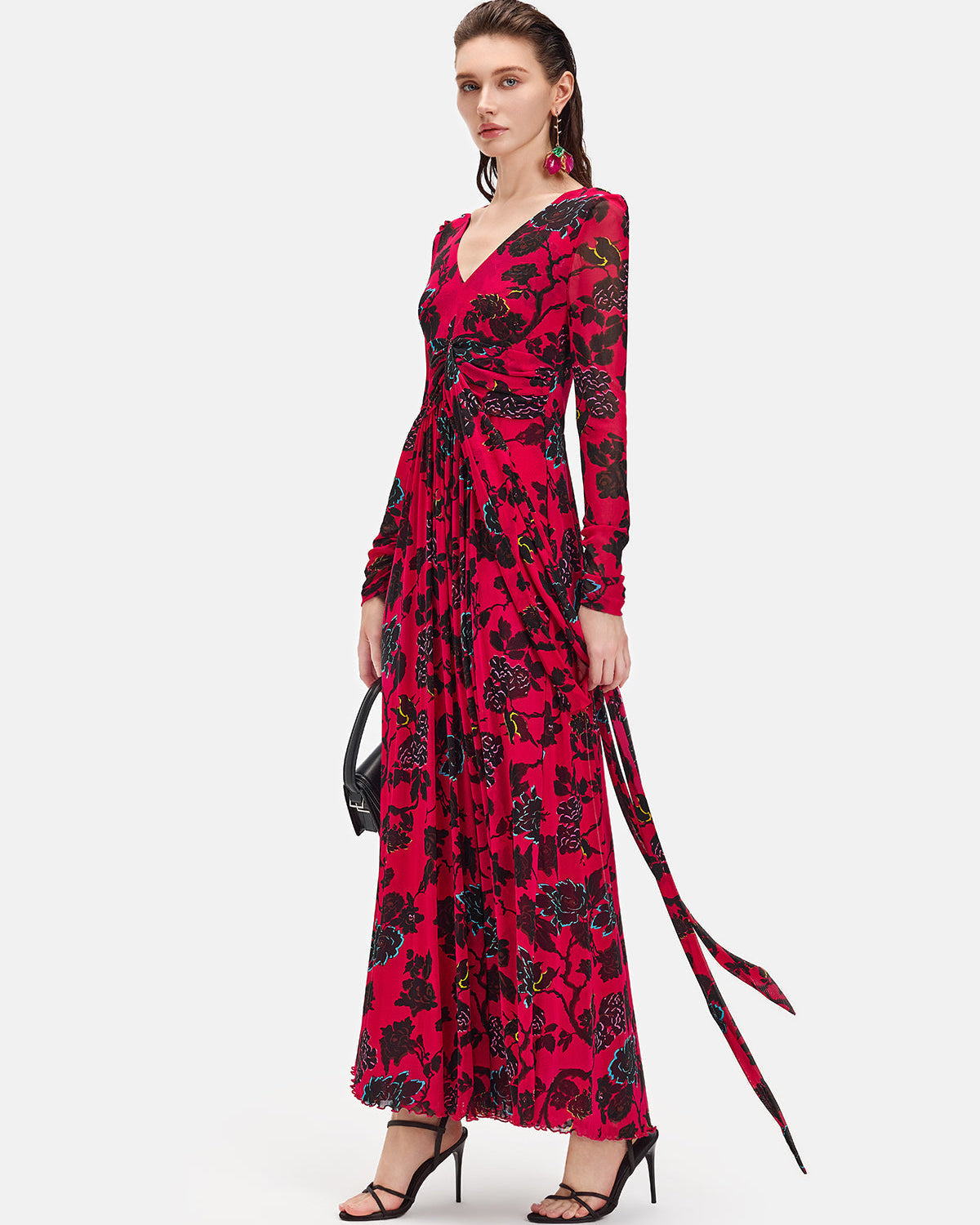 Kırmızı Uzun Kollu Çiçekli Maxi Elbise