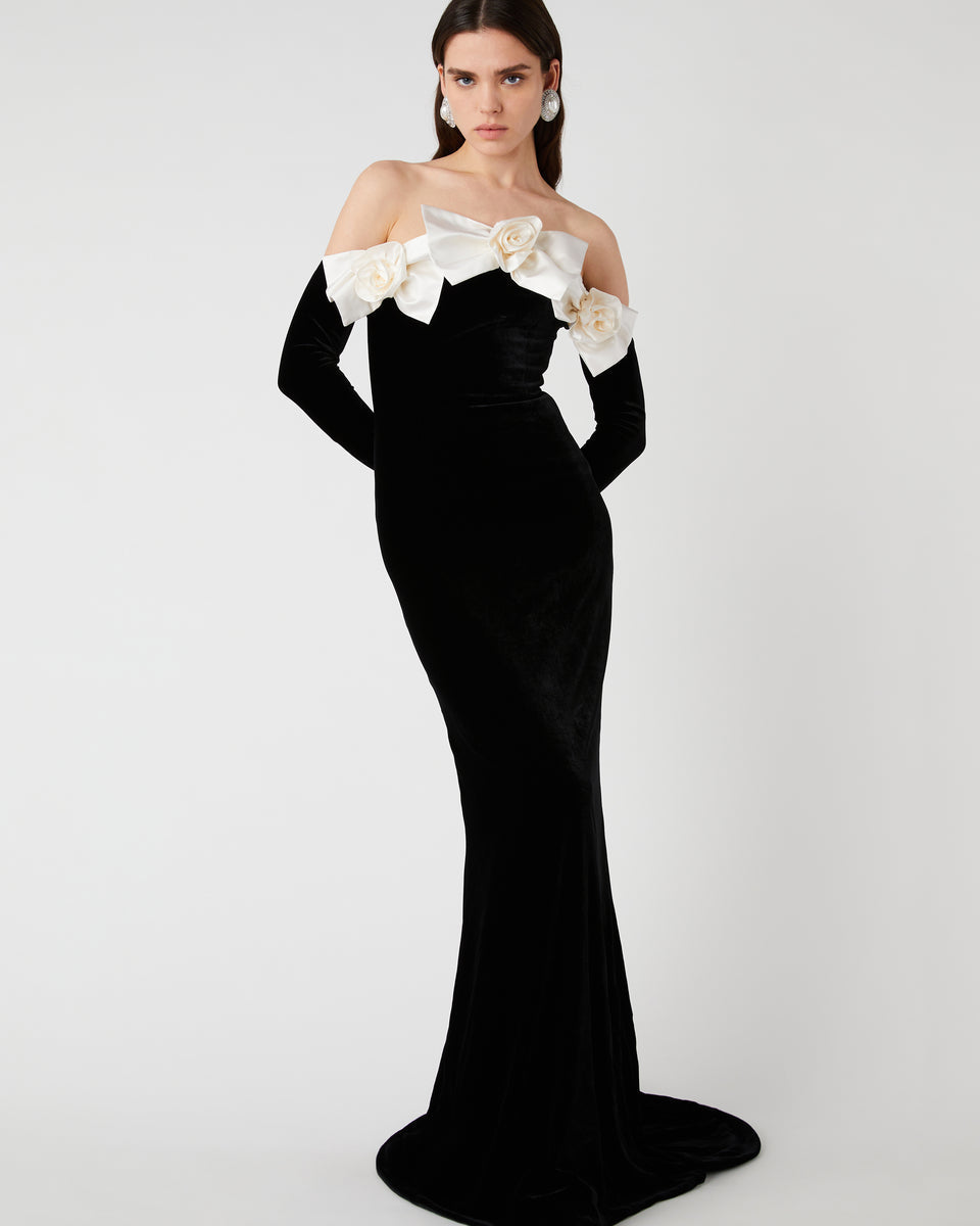 Lara Papyon Omuz Açık Kadife Uzun Elbise