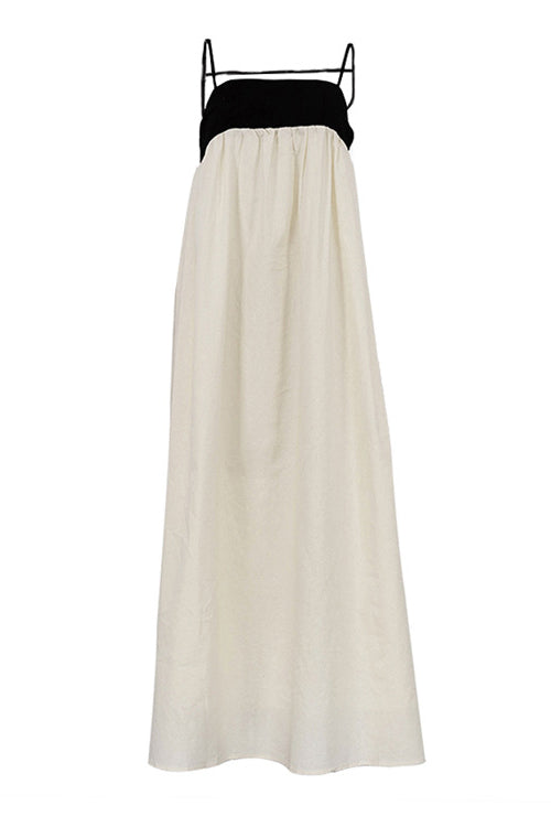 Bol Askılı Siyah Beyaz Patchwork Maxi Elbise