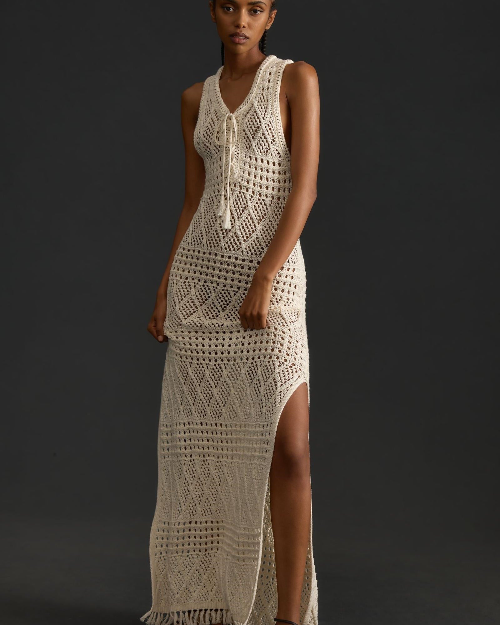 Cora Kolsuz Dekolteli Örgü Maxi Elbise