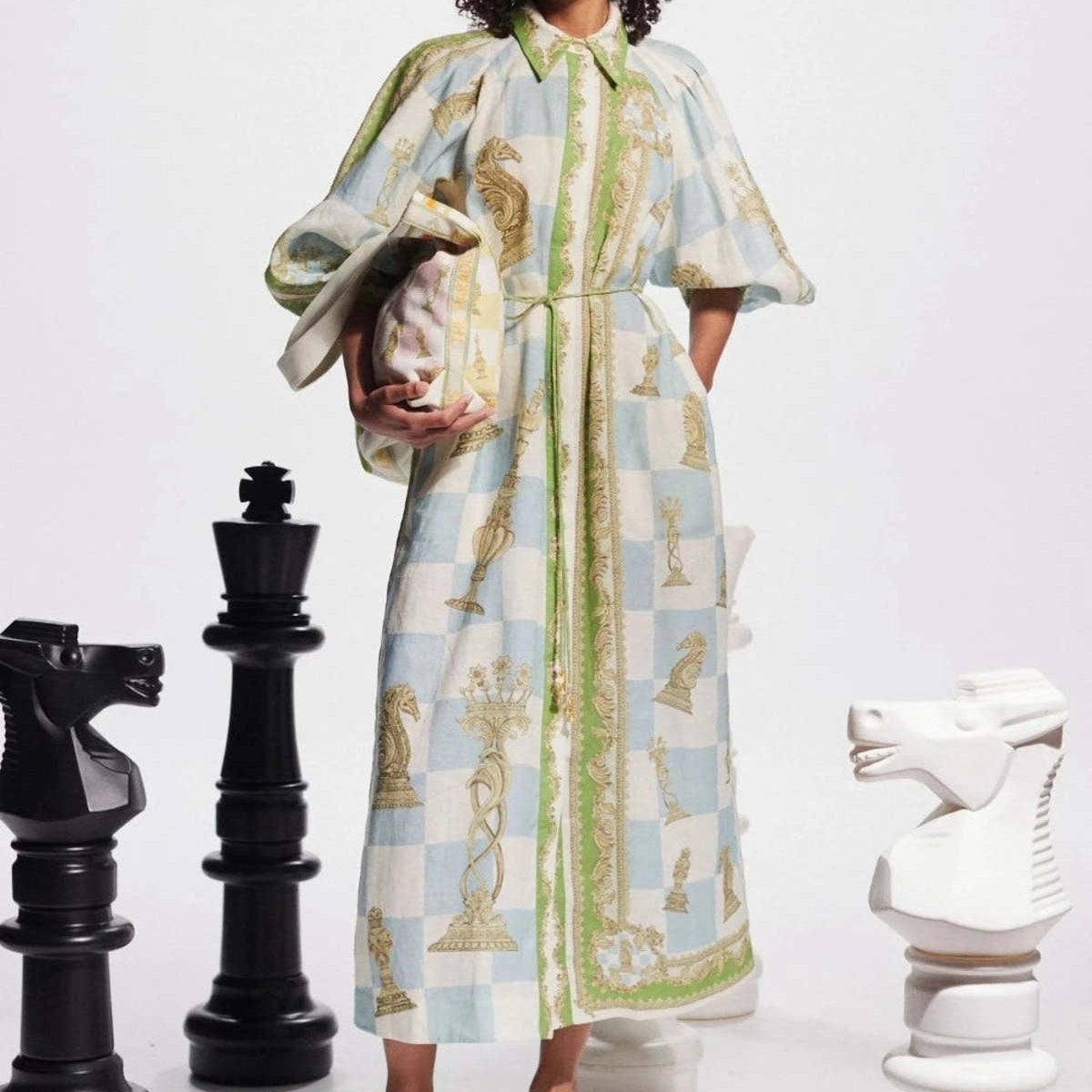 Chessé Satranç Desenli Kuşaklı Elbise