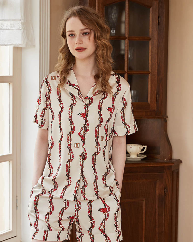 Ejderha Kafası Zincir Desenli Kısa Kollu Rahat Kıyafet Seti