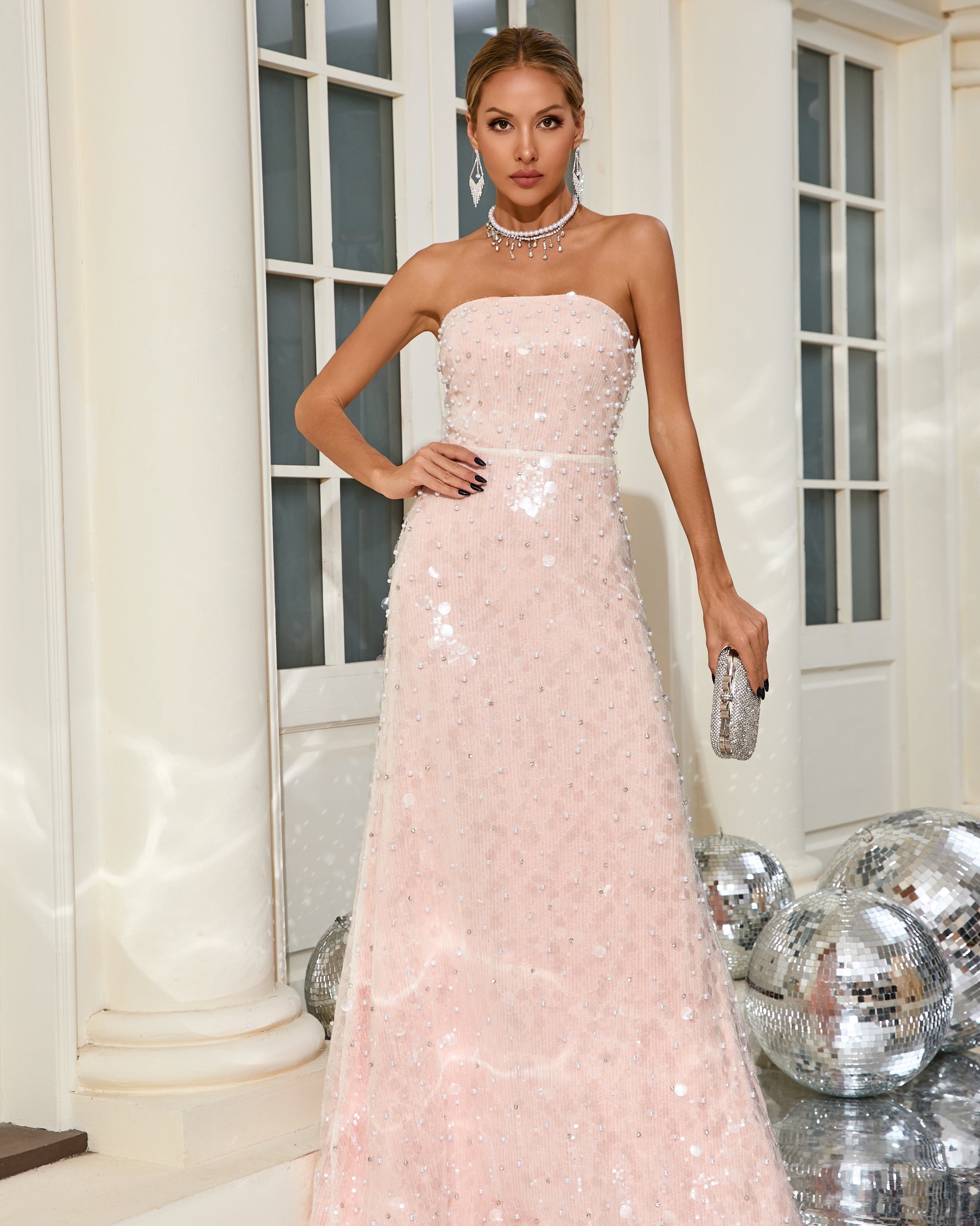 Link Pembe Payet Uzun Elbise