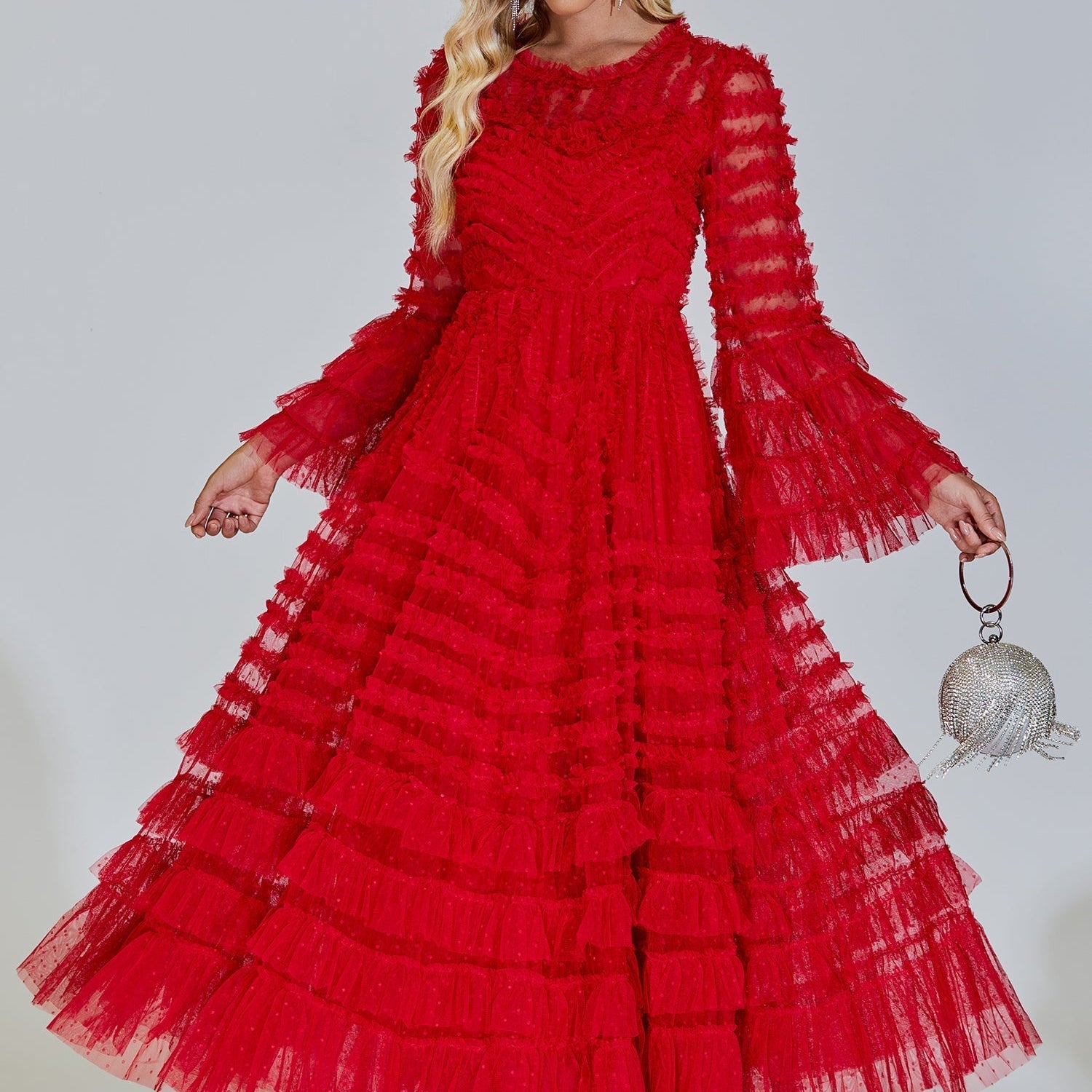 Kiera Kırmızı Uzun Kol Maxi Elbise