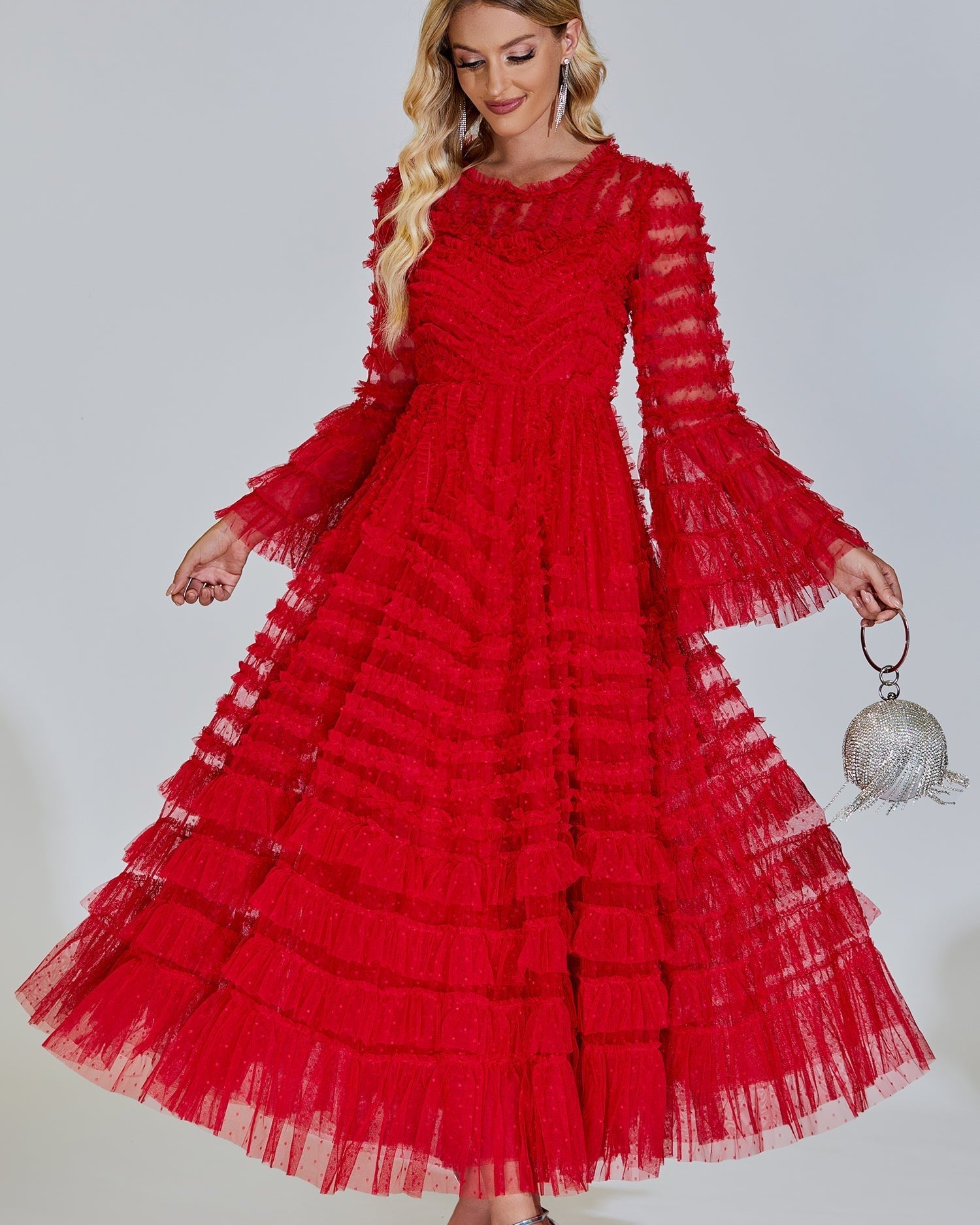 Kiera Kırmızı Uzun Kol Maxi Elbise