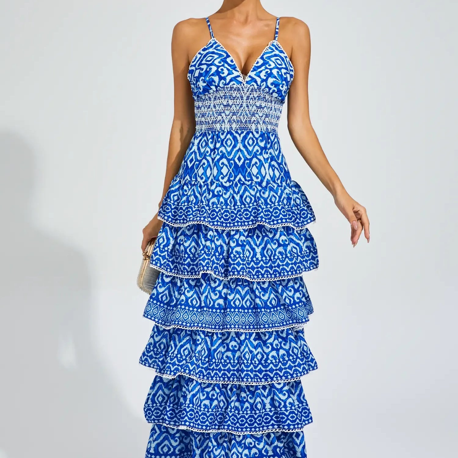 Adela Mavi Bohem Katlı Slip Maxi Elbise