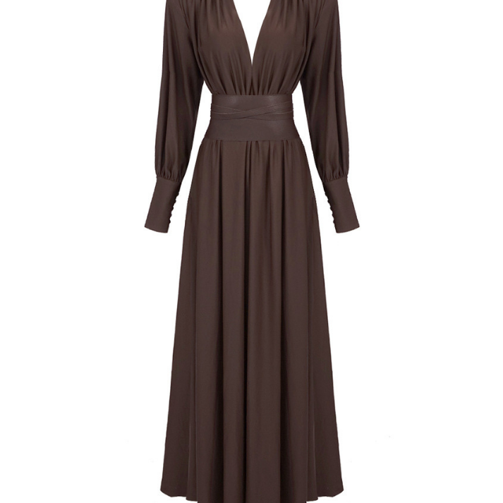 Ruby Deri Kemerli Vatkalı Uzun Elbise