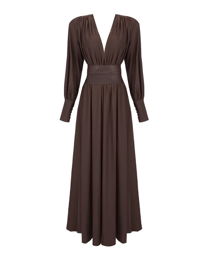 Ruby Deri Kemerli Vatkalı Uzun Elbise