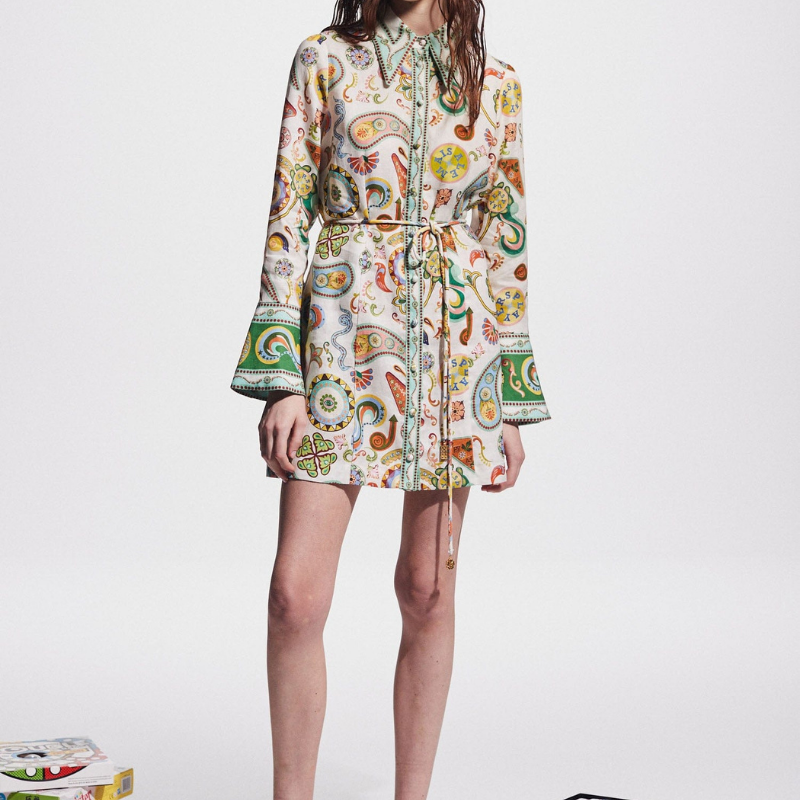 Aimeé Uzun Kollu Paisley Mini Elbise