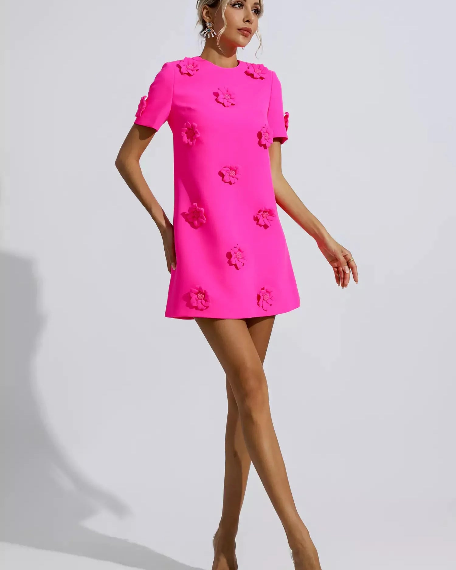 Alison Pembe Jakarlı Çiçekli Mini Elbise (Run Small)