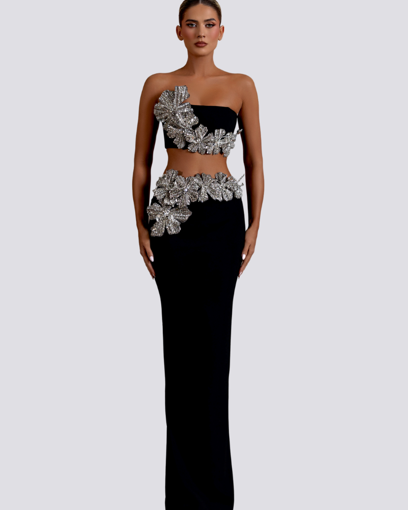 Allese Straplez Çiçekli Taşlı Etek Takımı