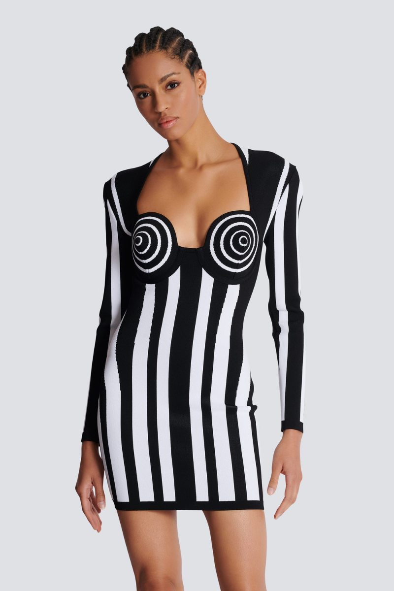 Allison Uzun Kollu Çizgili Örme Mini Elbise