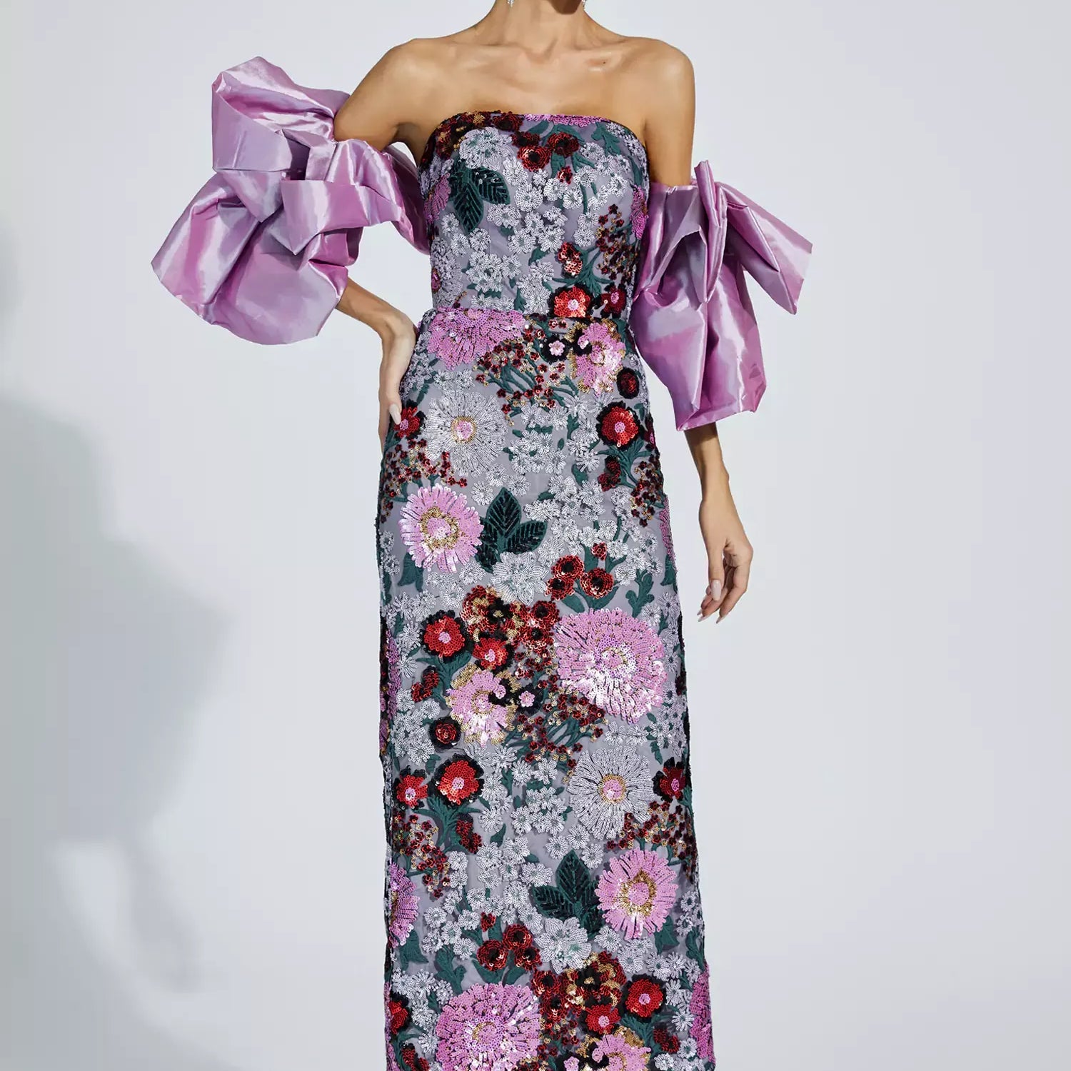 Amelie Mor Çiçek Süslemeli Uzun Elbise