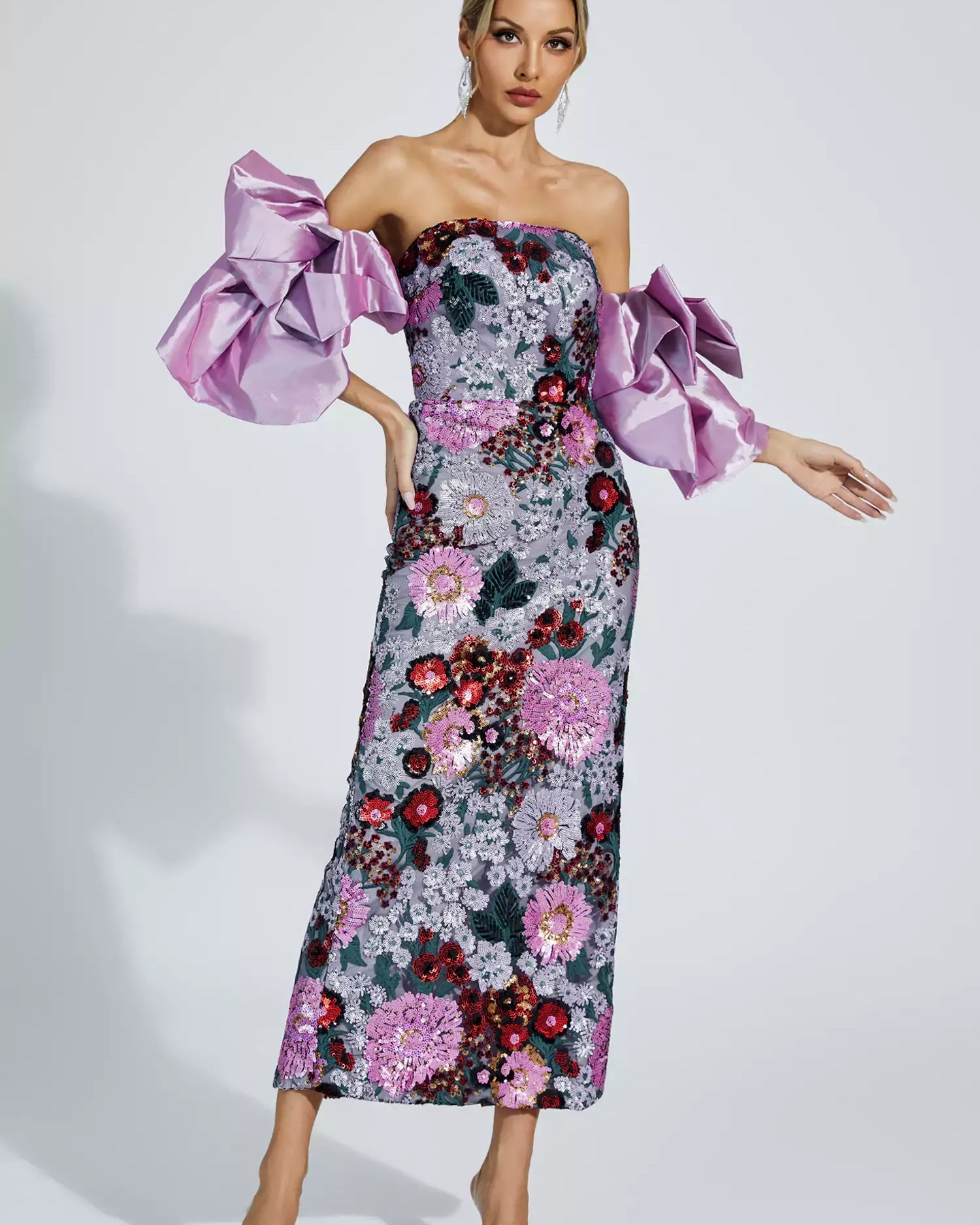 Amelie Mor Çiçek Süslemeli Uzun Elbise