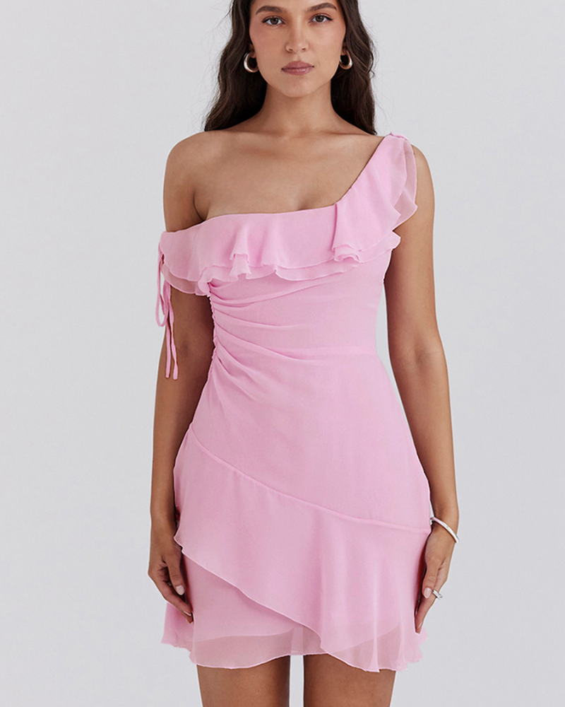 Anissa Tek Omuz Volanlı Mini Elbise