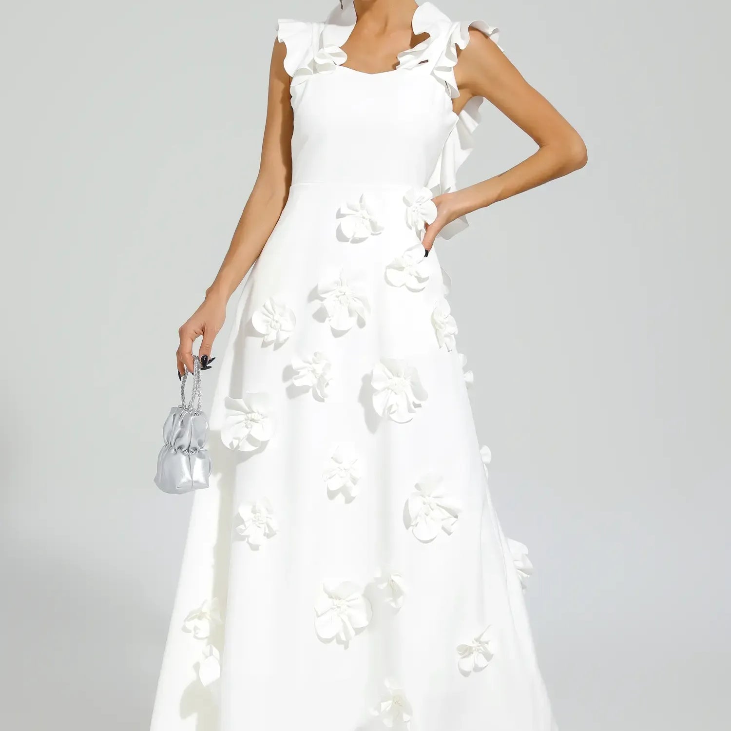 Ansel Beyaz Çiçek Slip Uzun Elbise