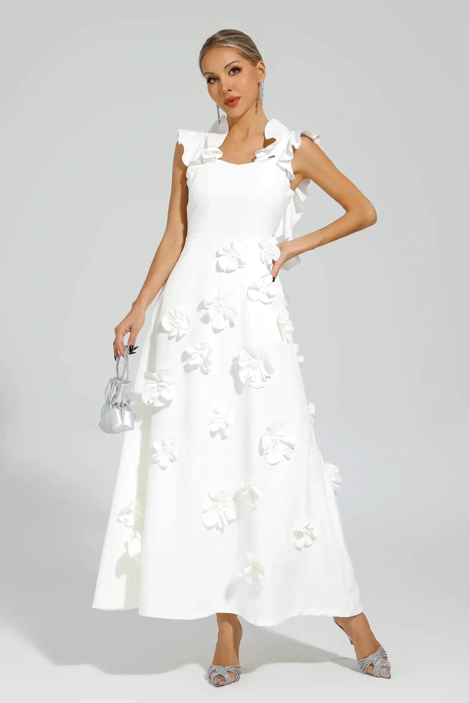 Ansel Beyaz Çiçek Slip Uzun Elbise